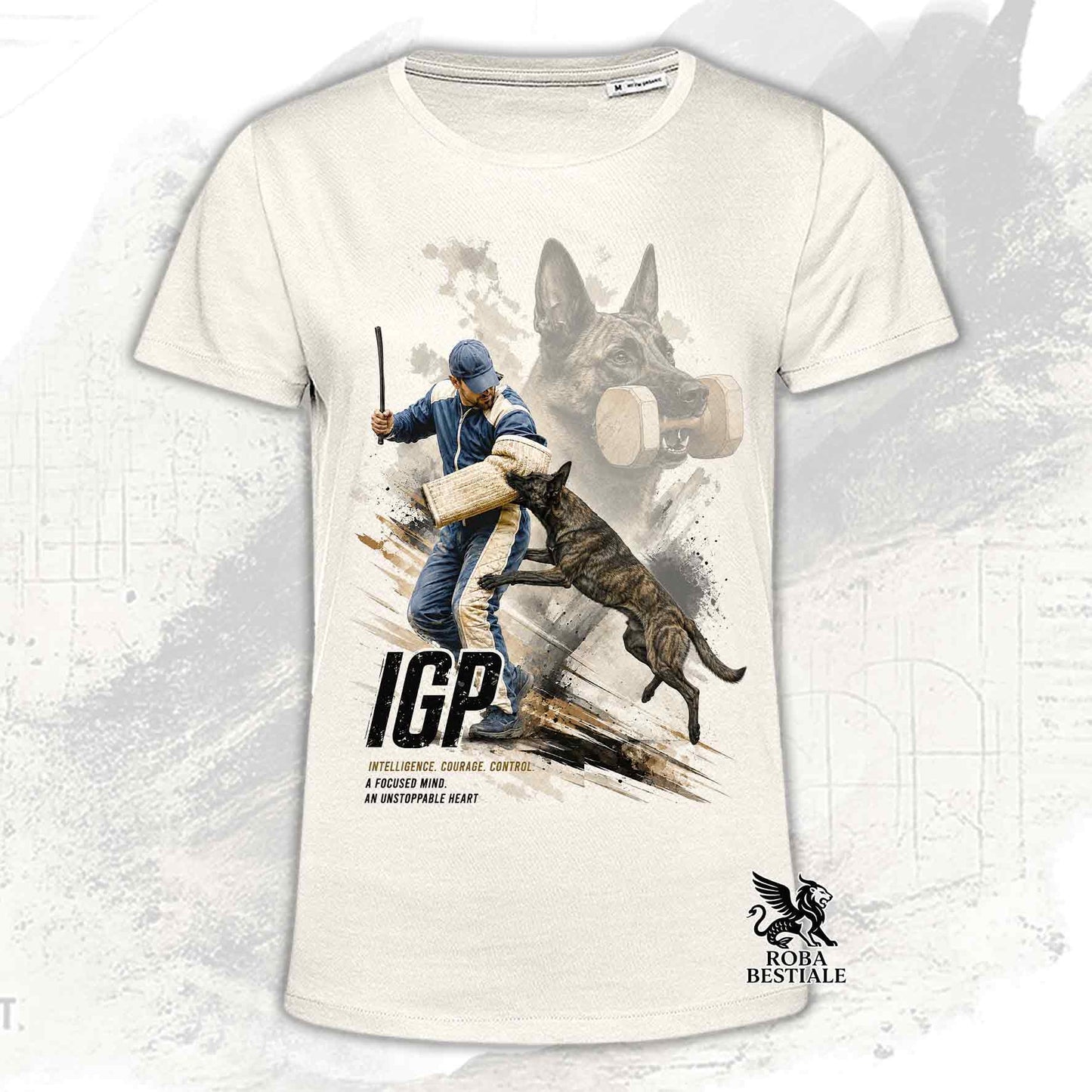 T-shirt beige stampata con un Pastore Olandese in una grafica dedicata all'IGP, collezione Zero DIstance di Roba Bestiale