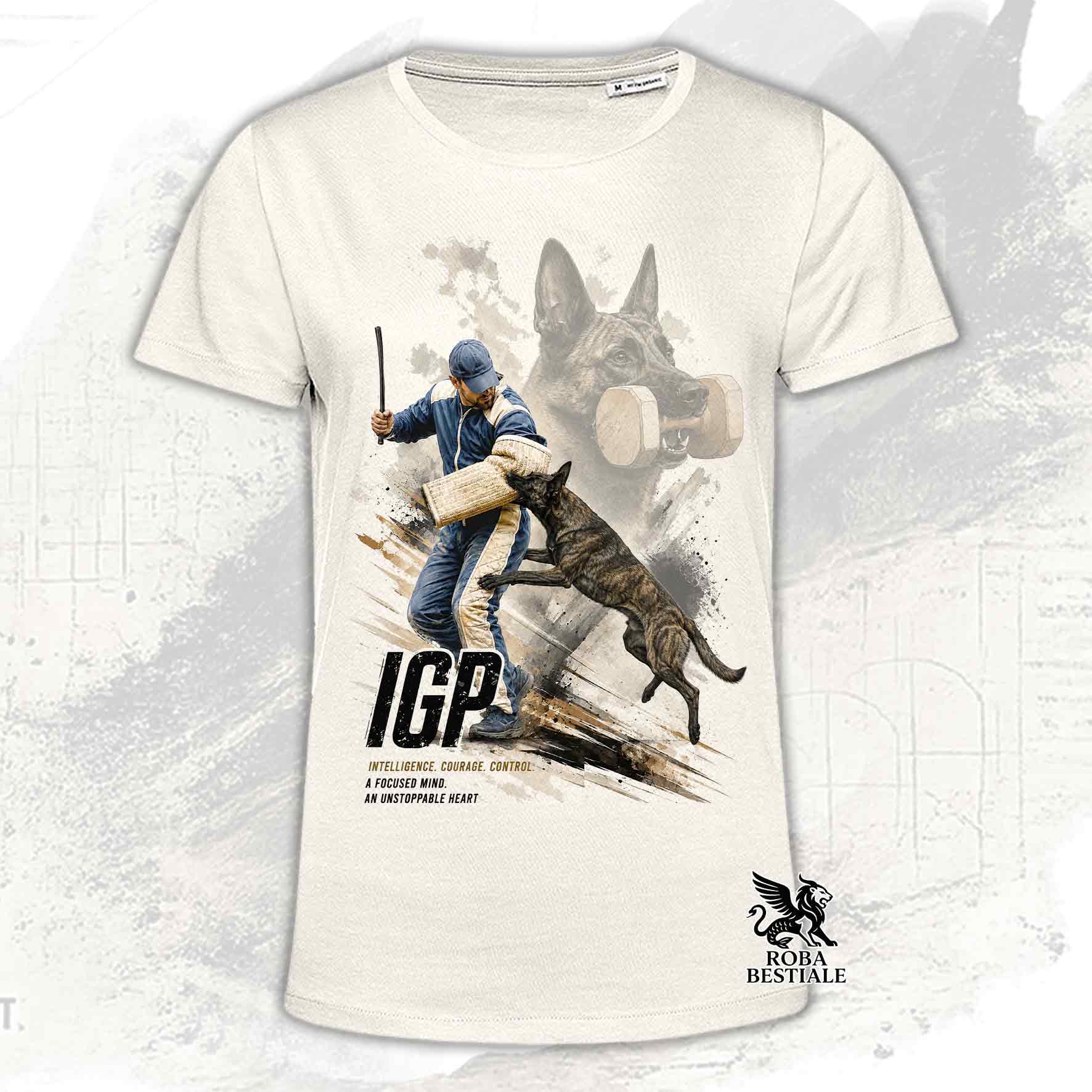 T-shirt beige stampata con un Pastore Olandese in una grafica dedicata all'IGP, collezione Zero DIstance di Roba Bestiale