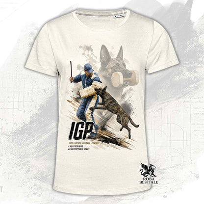 T-shirt beige stampata con un Pastore Olandese in una grafica dedicata all'IGP, collezione Zero DIstance di Roba Bestiale