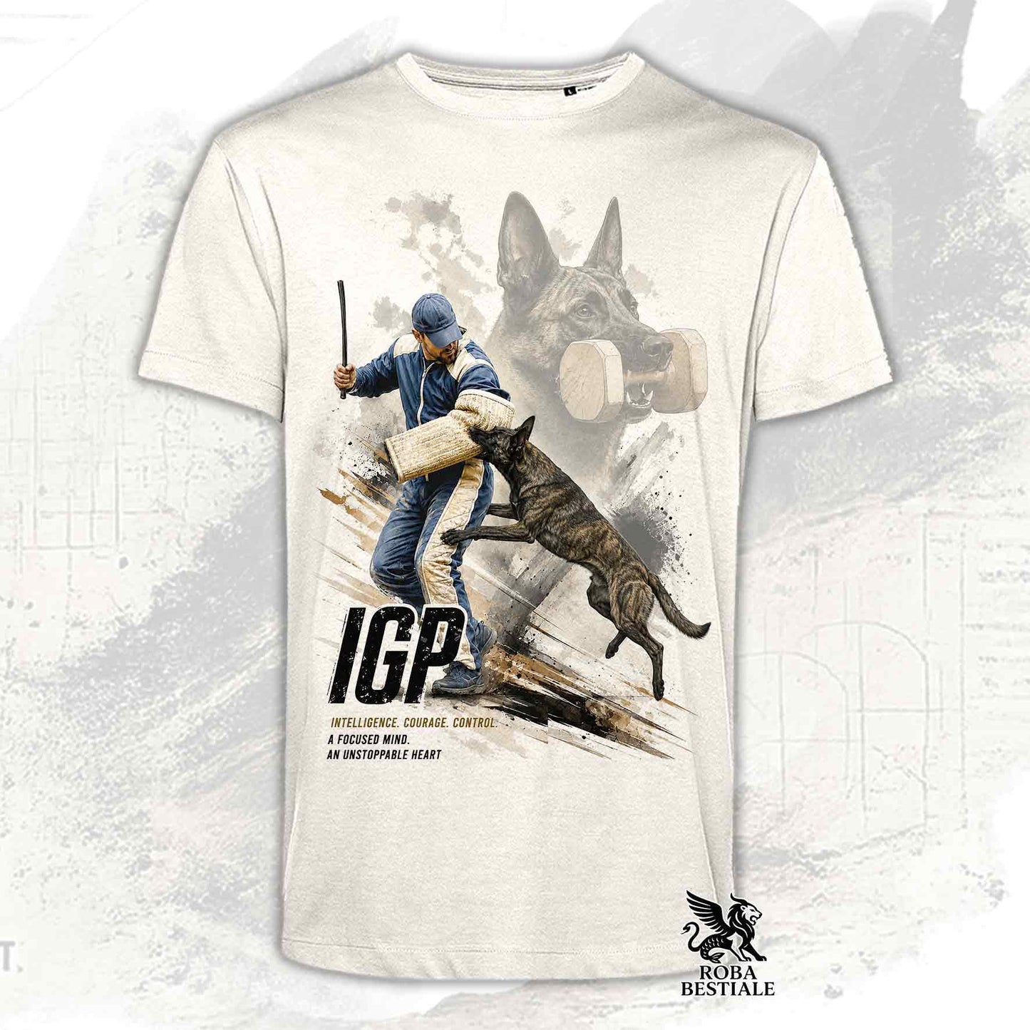 T-shirt beige stampata con un Pastore Olandese in una grafica dedicata all'IGP, collezione Zero DIstance di Roba Bestiale