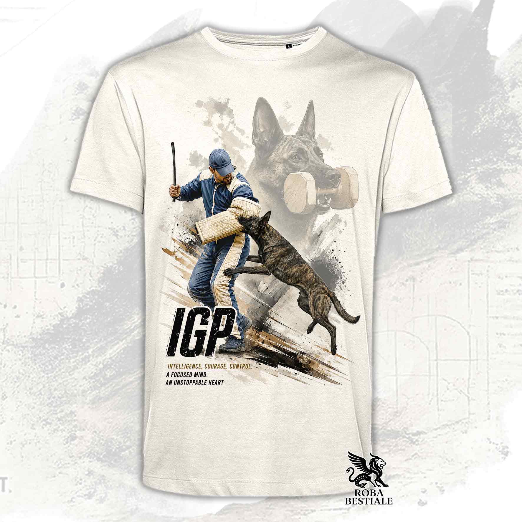T-shirt beige stampata con un Pastore Olandese in una grafica dedicata all'IGP, collezione Zero DIstance di Roba Bestiale