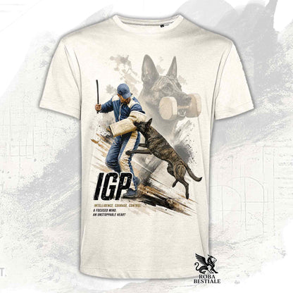 T-shirt beige stampata con un Pastore Olandese in una grafica dedicata all'IGP, collezione Zero DIstance di Roba Bestiale