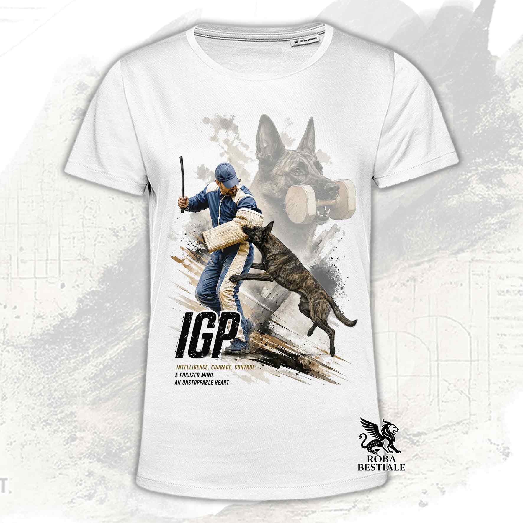 T-shirt bianca stampata con un Pastore Olandese in una grafica dedicata all'IGP, collezione Zero DIstance di Roba Bestiale