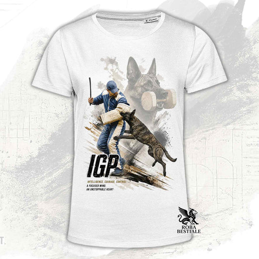 T-shirt bianca stampata con un Pastore Olandese in una grafica dedicata all'IGP, collezione Zero DIstance di Roba Bestiale