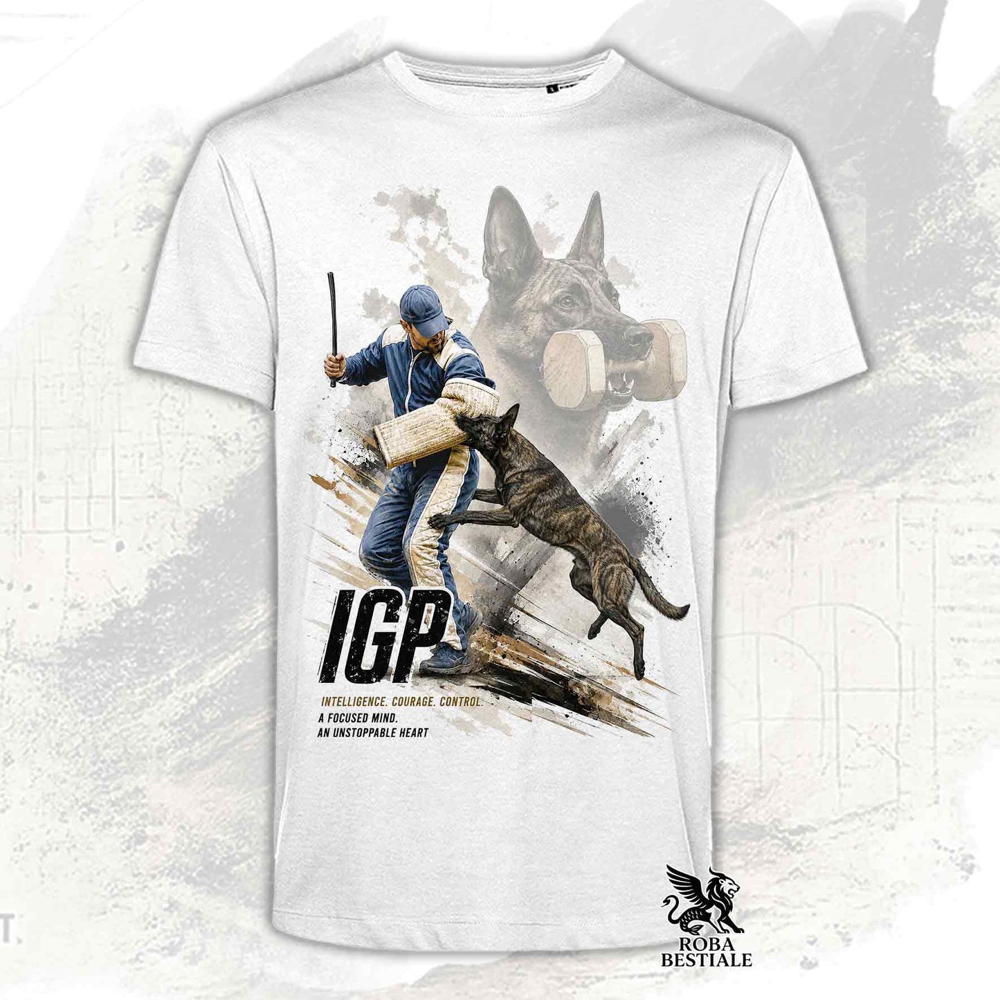 T-shirt bianca stampata con un Pastore Olandese in una grafica dedicata all'IGP, collezione Zero DIstance di Roba Bestiale