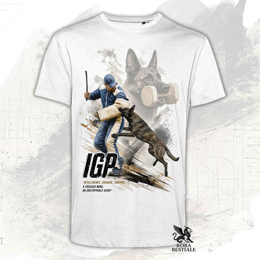 T-shirt bianca stampata con un Pastore Olandese in una grafica dedicata all'IGP, collezione Zero DIstance di Roba Bestiale