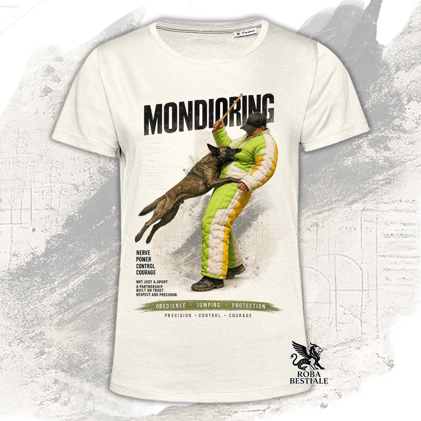 T-shirt beige stampata con una grafica dedicata al Mondioring, collezione Zero DIstance