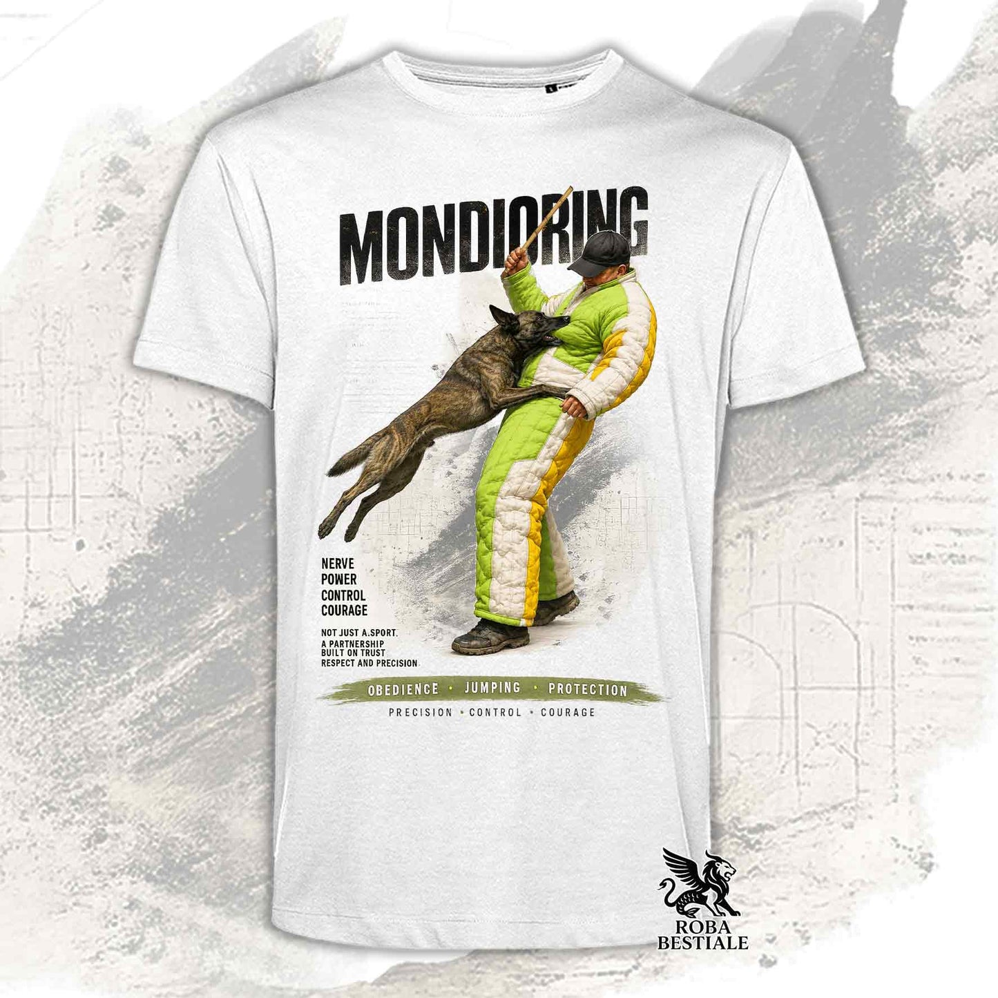 T-shirt bianca stampata con una grafica dedicata al Mondioring, collezione Zero DIstance