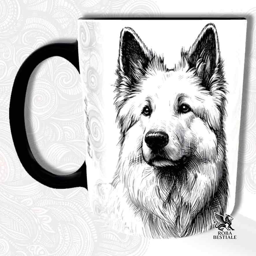 Tazza bianca con dettagli neri, stampata con un Pastore Svizzero Bianco, grafica Doodle