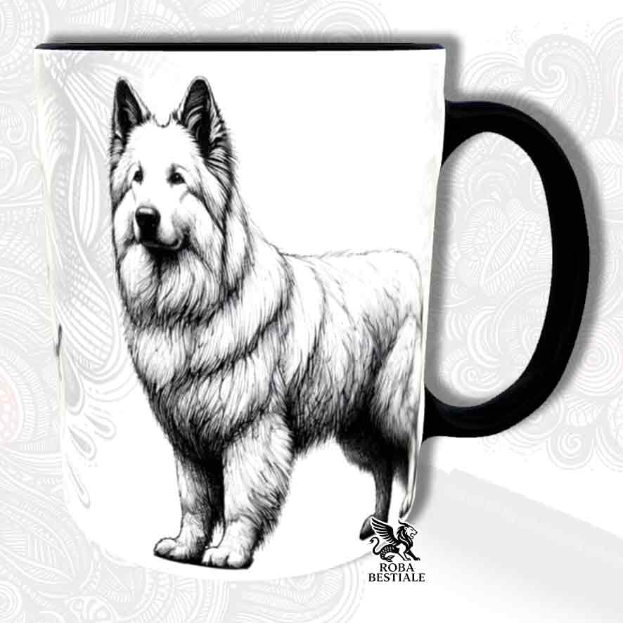 Tazza bianca con dettagli neri, stampata con un Pastore Svizzero Bianco, grafica Doodle