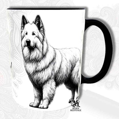 Tazza bianca con dettagli neri, stampata con un Pastore Svizzero Bianco, grafica Doodle