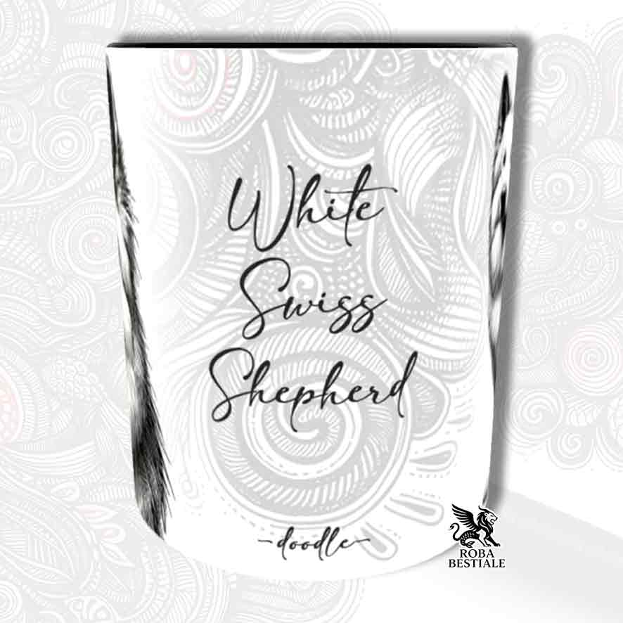 Tazza bianca con dettagli neri, stampata con un Pastore Svizzero Bianco, grafica Doodle