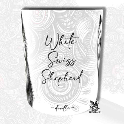 Tazza bianca con dettagli neri, stampata con un Pastore Svizzero Bianco, grafica Doodle