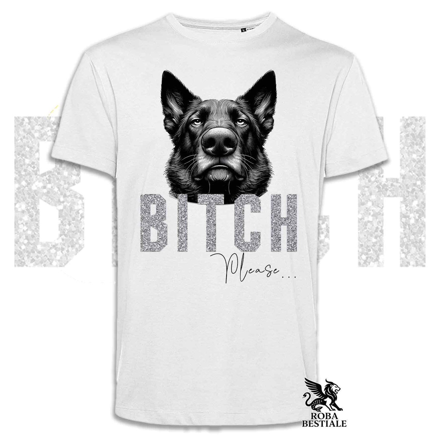 T-shirt bianca stampata con un Pastore Tedesco da lavoro "grigione" con espressione disgustata. Grafica originale Roba Bestiale, collezione Bitch Please