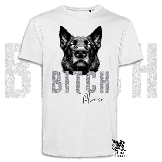 T-shirt bianca stampata con un Pastore Tedesco da lavoro "grigione" con espressione disgustata. Grafica originale Roba Bestiale, collezione Bitch Please