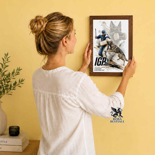Stampa con cornice in legno con un Pastore Tedesco da lavoro "Grigione" che pratica IGP. Grafica Zero Distance, originale Roba Bestiale