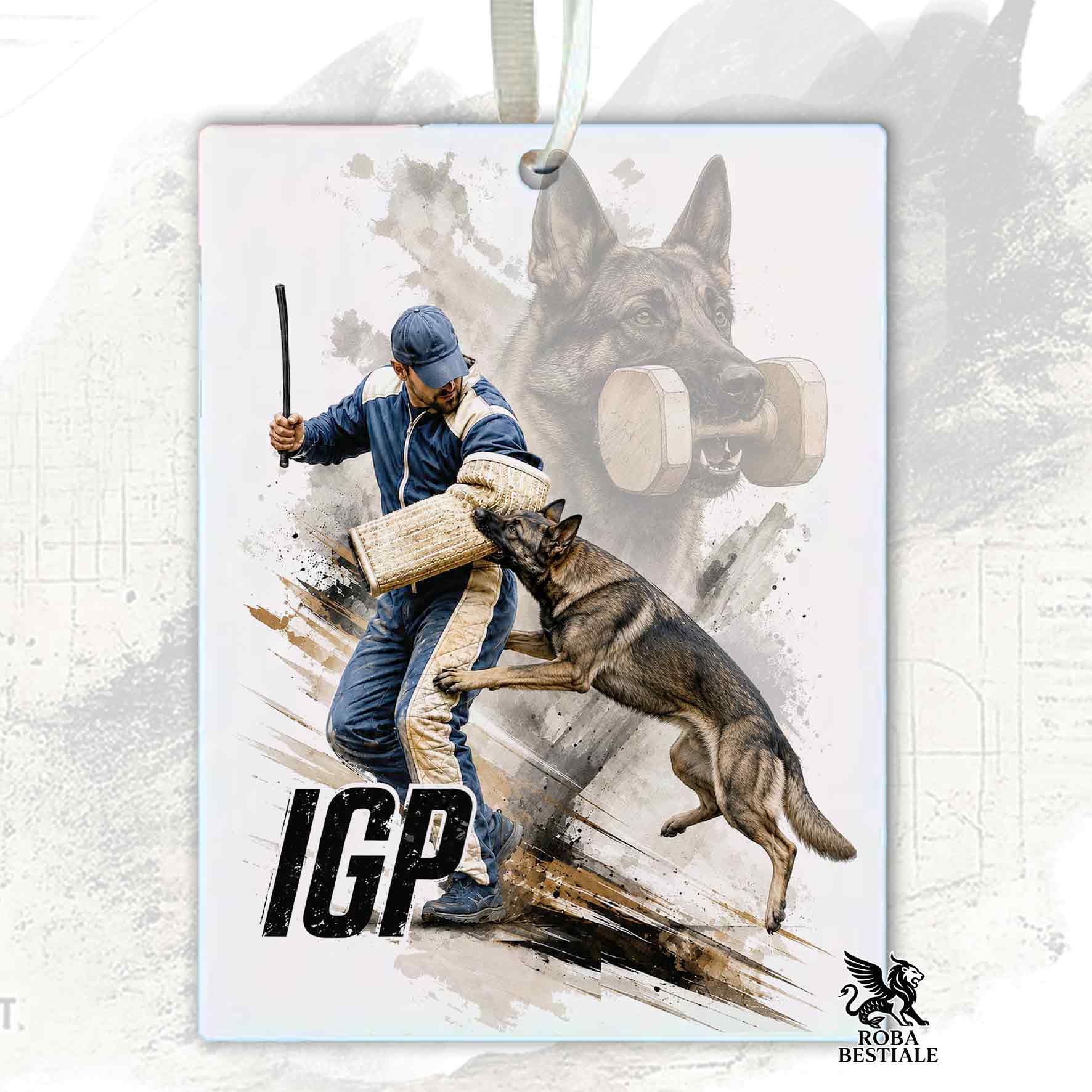 Profumatore in feltro con la stampa di un Pastore Tedesco da lavoro "Grigione" che pratica IGP. Grafica originale Roba Bestiale