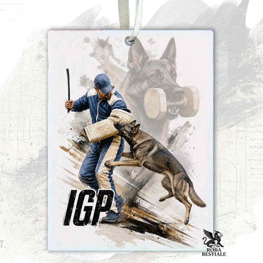 Profumatore in feltro con la stampa di un Pastore Tedesco da lavoro "Grigione" che pratica IGP. Grafica originale Roba Bestiale