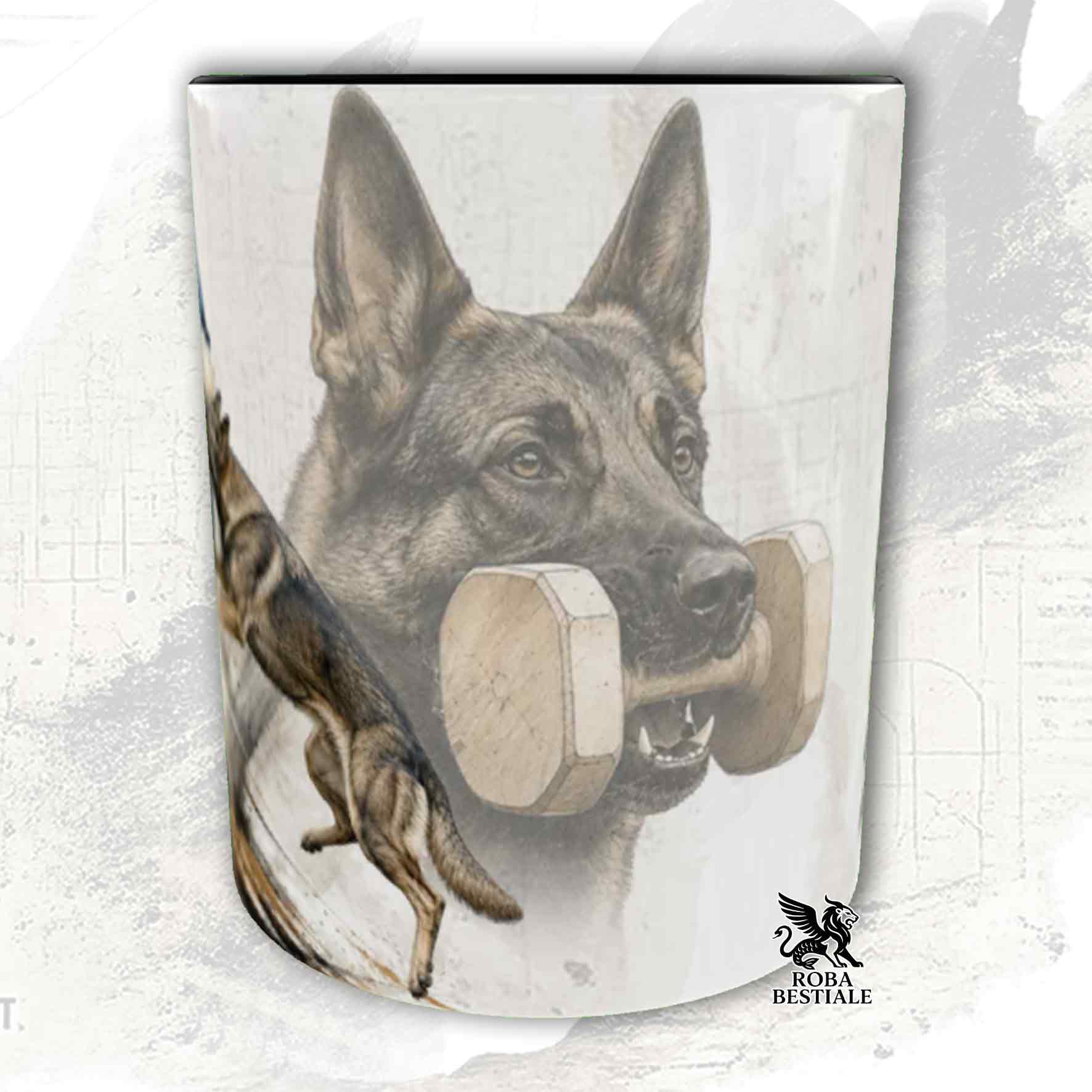 Tazza bianca con dettagli neri stampata una grafica originale di Roba Bestiale con un Pastore Tedesco da lavoro "Grigione" che fa IGP