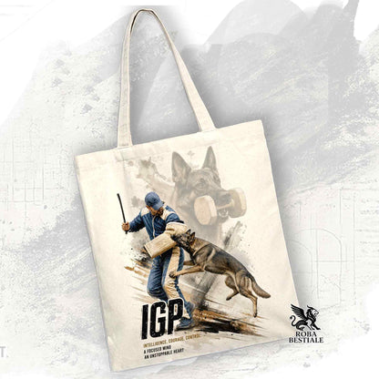 Borsa Tote beige con stampata una grafica originale di Roba Bestiale con un Pastore Tedesco da lavoro "Grigione" che fa IGP