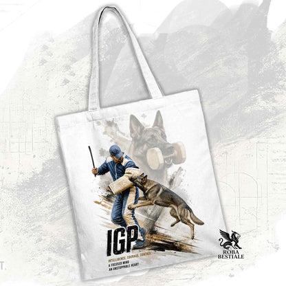 Borsa Tote bianca con stampata una grafica originale di Roba Bestiale con un Pastore Tedesco da lavoro "Grigione" che fa IGP