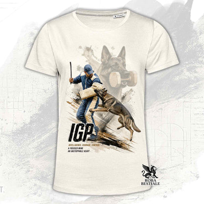 T-shirt beige stampata con un Pastore Tedesco da lavoro in una grafica dedicata all'IGP, collezione Zero DIstance di Roba Bestiale
