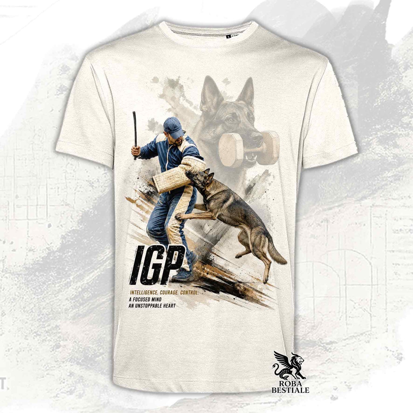 T-shirt beige stampata con un Pastore Tedesco da lavoro in una grafica dedicata all'IGP, collezione Zero DIstance di Roba Bestiale