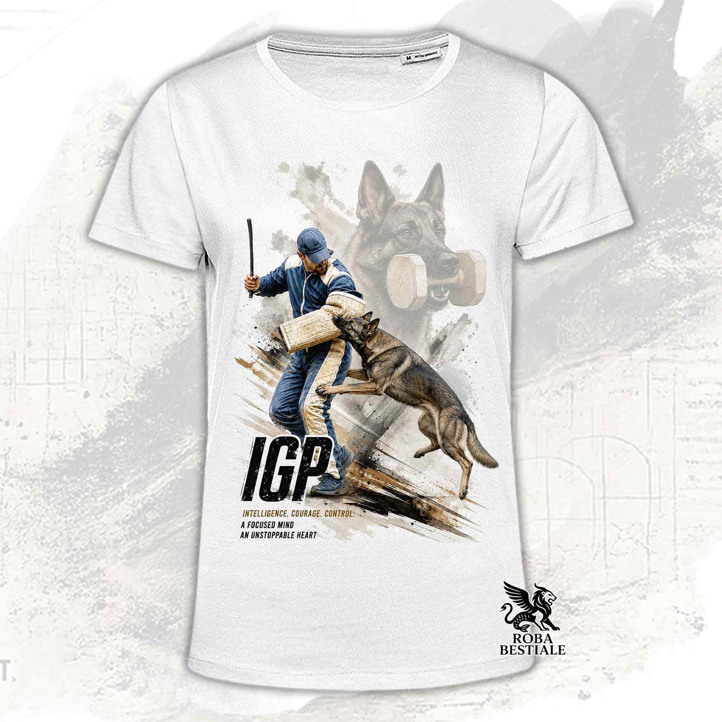 T-shirt bianca stampata con un Pastore Tedesco da lavoro in una grafica dedicata all'IGP, collezione Zero DIstance di Roba Bestiale