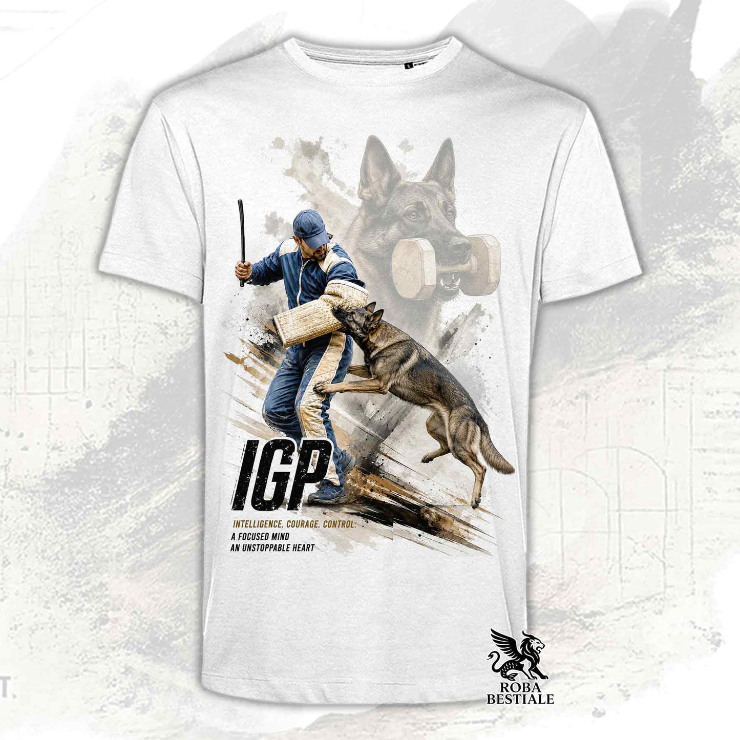 T-shirt bianca stampata con un Pastore Tedesco da lavoro in una grafica dedicata all'IGP, collezione Zero DIstance di Roba Bestiale