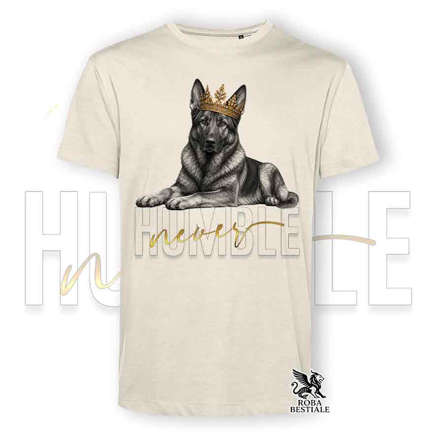 T-shirt stampata con un Pastore Tedesco da Lavoro "Grigione", colore beige con grafica Never Humble