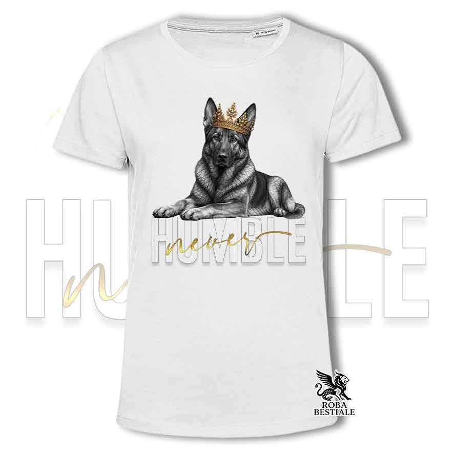 T-shirt stampata con un Pastore Tedesco da Lavoro "Grigione", colore bianco con grafica Never Humble