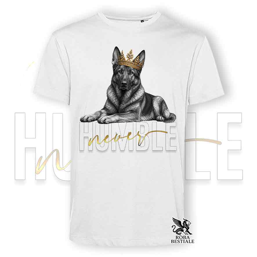 T-shirt stampata con un Pastore Tedesco da Lavoro "Grigione", colore bianco con grafica Never Humble