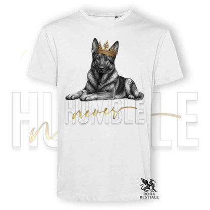 T-shirt stampata con un Pastore Tedesco da Lavoro "Grigione", colore bianco con grafica Never Humble