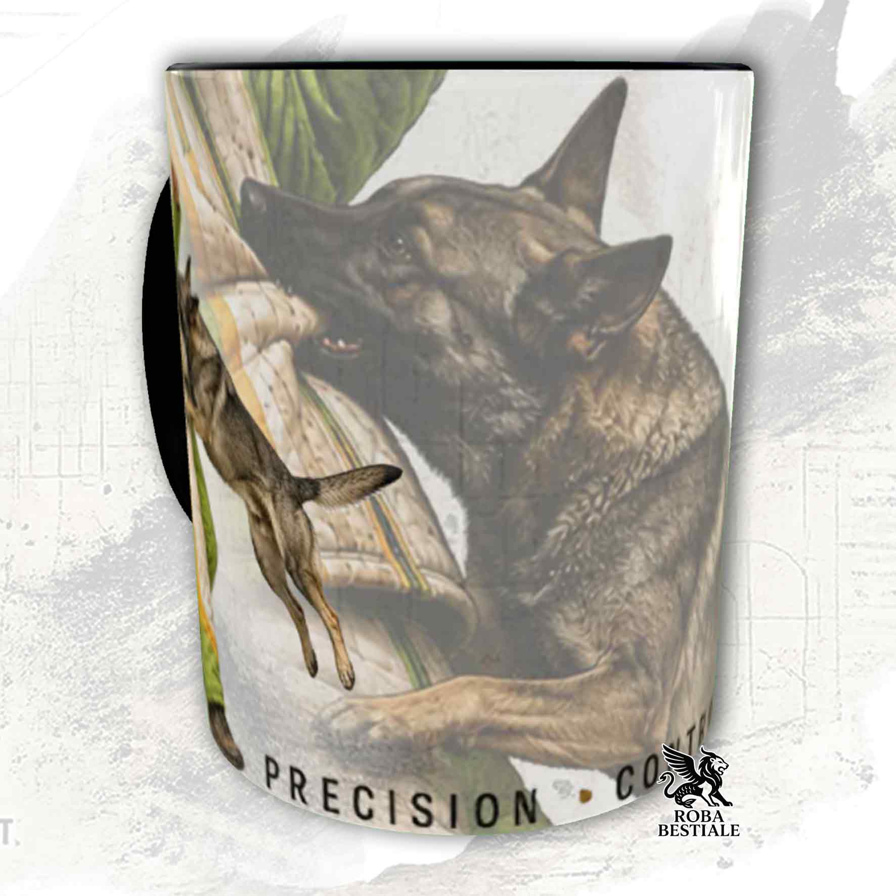 Tazza bianca con dettagli neri stampata una grafica originale di Roba Bestiale con un Pastore Tedesco da lavoro "grigione" che fa Mondioring