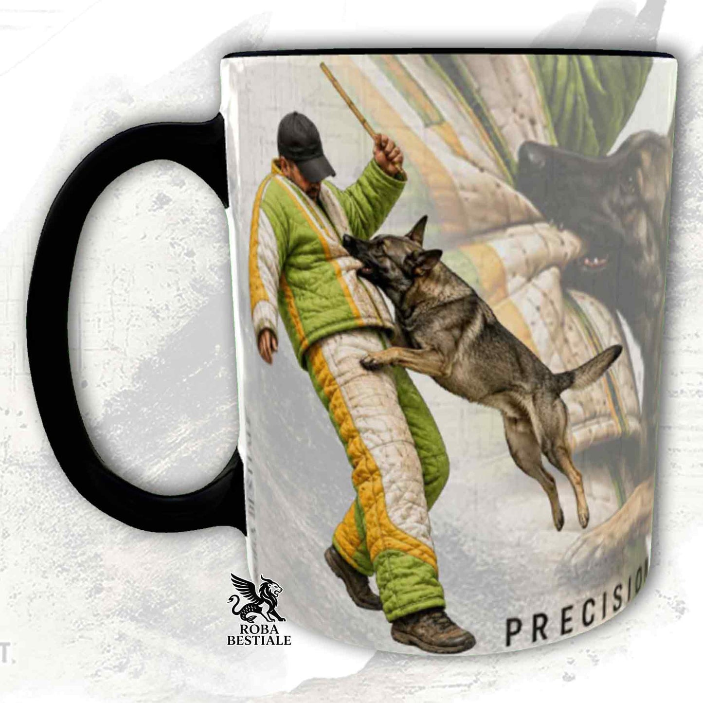 Tazza bianca con dettagli neri stampata una grafica originale di Roba Bestiale con un Pastore Tedesco da lavoro "grigione" che fa Mondioring