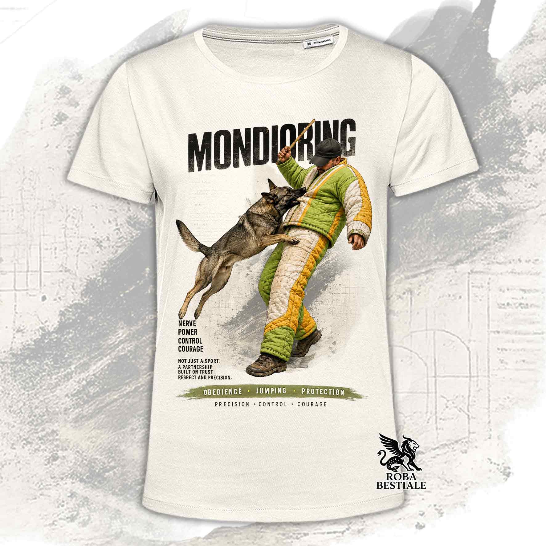 T-shirt beige stampata con una grafica dedicata al Mondioring, collezione Zero DIstance