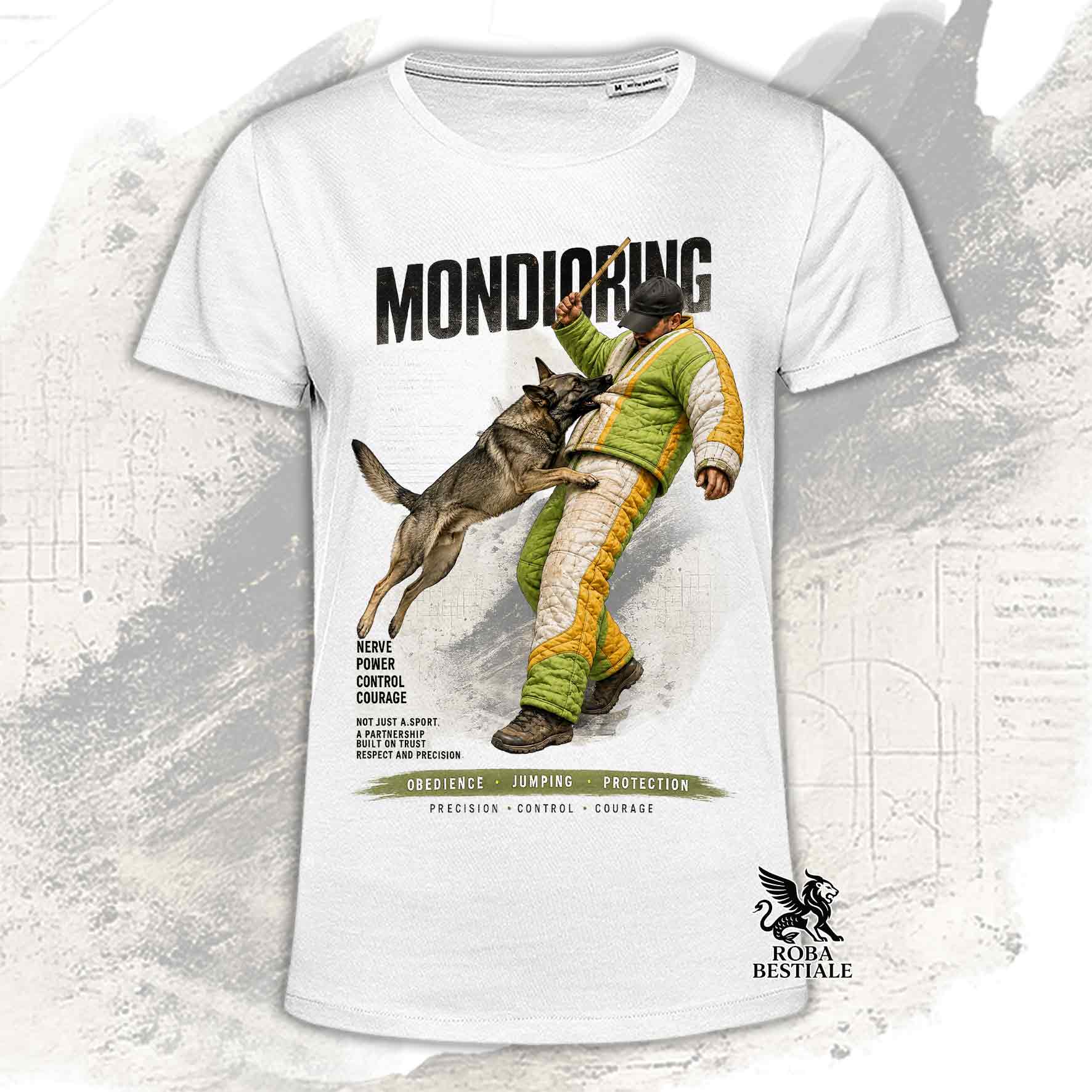 T-shirt bianca stampata con una grafica dedicata al Mondioring, collezione Zero DIstance