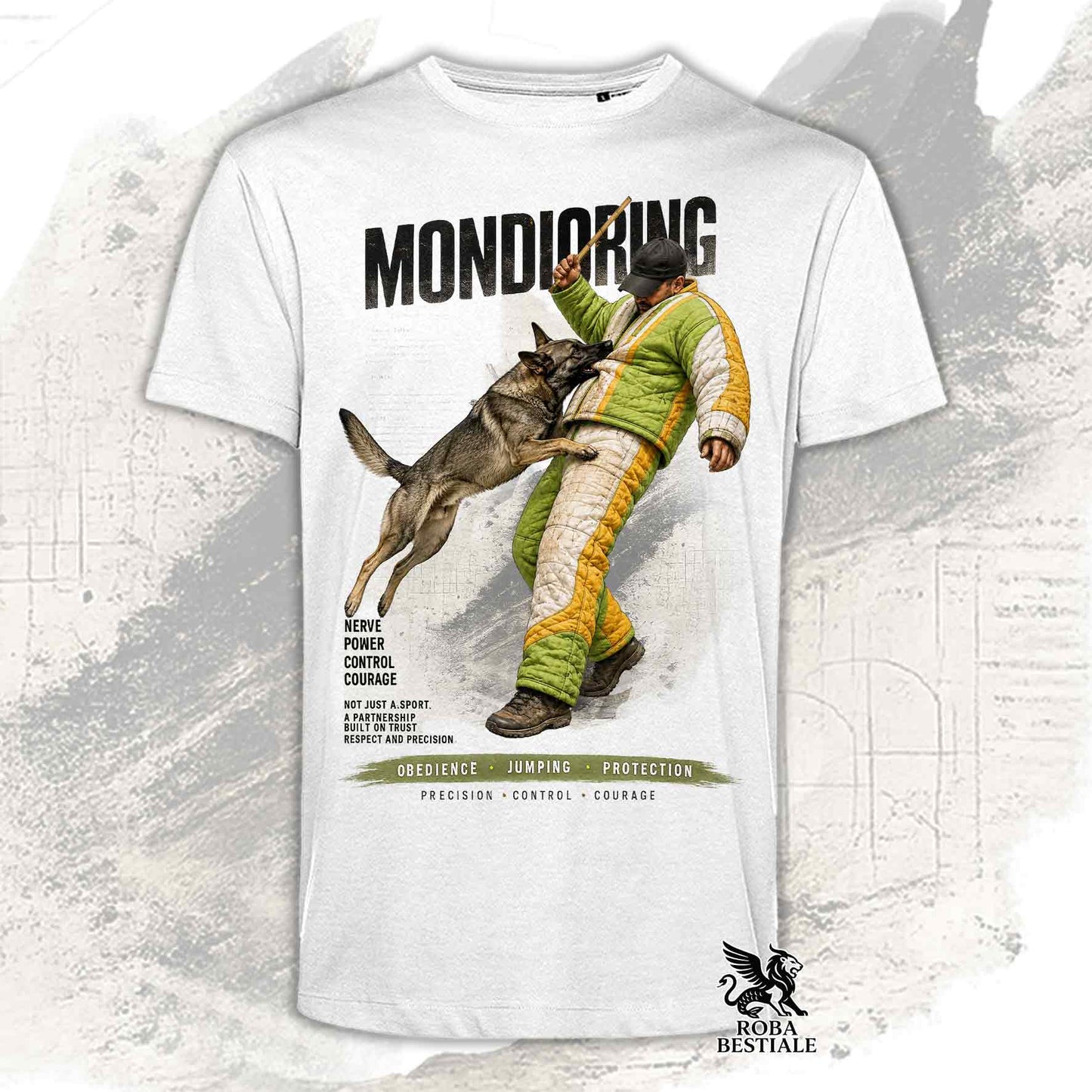 T-shirt bianca stampata con una grafica dedicata al Mondioring, collezione Zero DIstance
