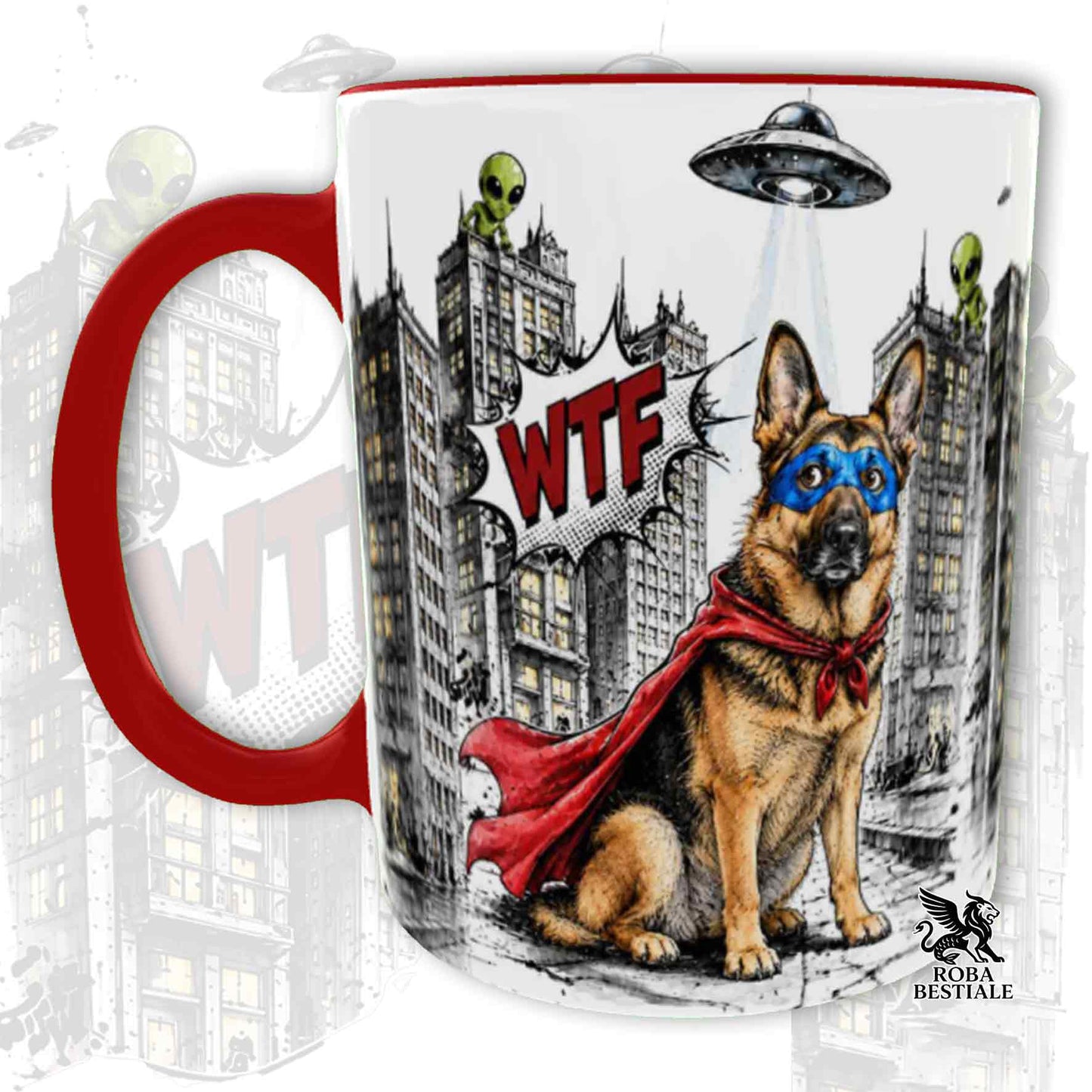Tazza rossa stampata con un Pastore Tedesco a pelo corto con espressione sorpresa, vestito da Super Eroe. Grafica originale Roba Bestiale, collezione Hero