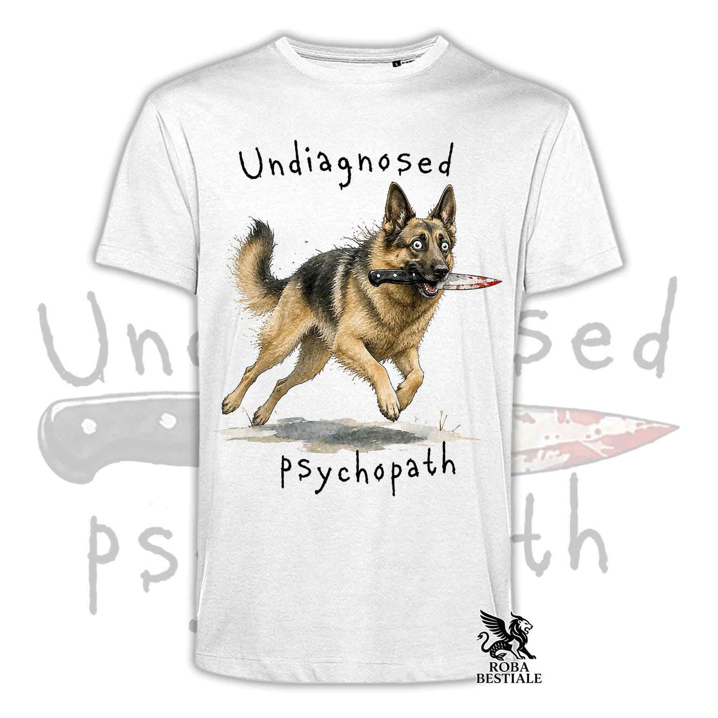 T-shirt bianca stampata con un Pastore Tedesco che tiene un coltello tra i denti. Grafica originale Roba Bestiale, collezione Psychopath