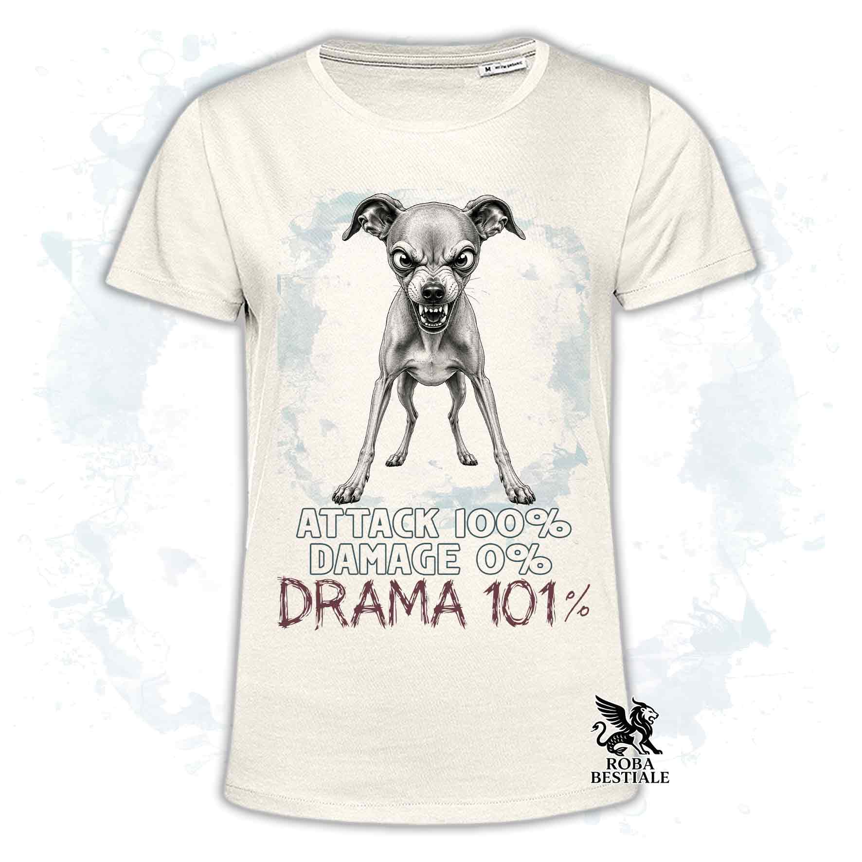 Maglietta beige stampata con un Piccolo Levriero Italiano, collezione originale Drama 101 di Roba Bestiale 
