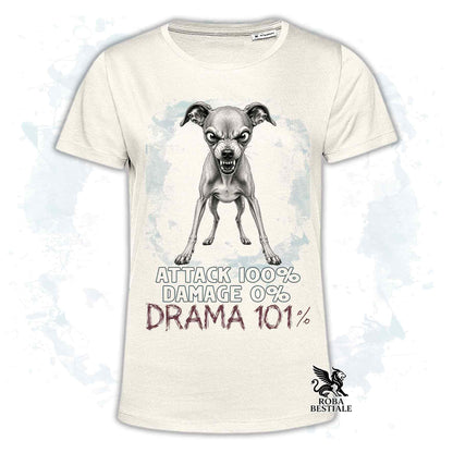 Maglietta beige stampata con un Piccolo Levriero Italiano, collezione originale Drama 101 di Roba Bestiale 