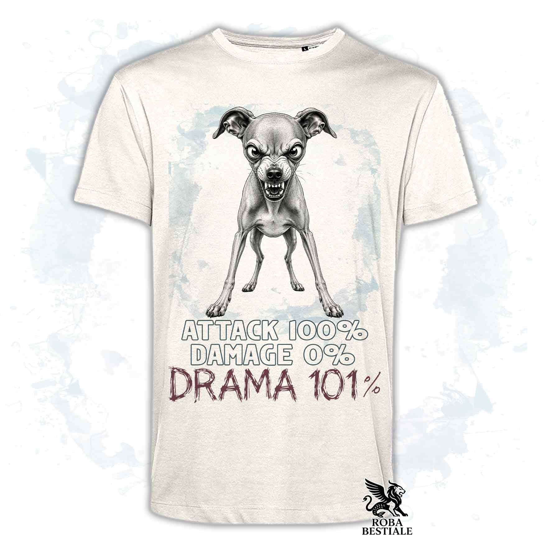 Maglietta beige stampata con un Piccolo Levriero Italiano, collezione originale Drama 101 di Roba Bestiale 