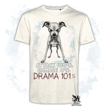 Maglietta beige stampata con un Piccolo Levriero Italiano, collezione originale Drama 101 di Roba Bestiale 