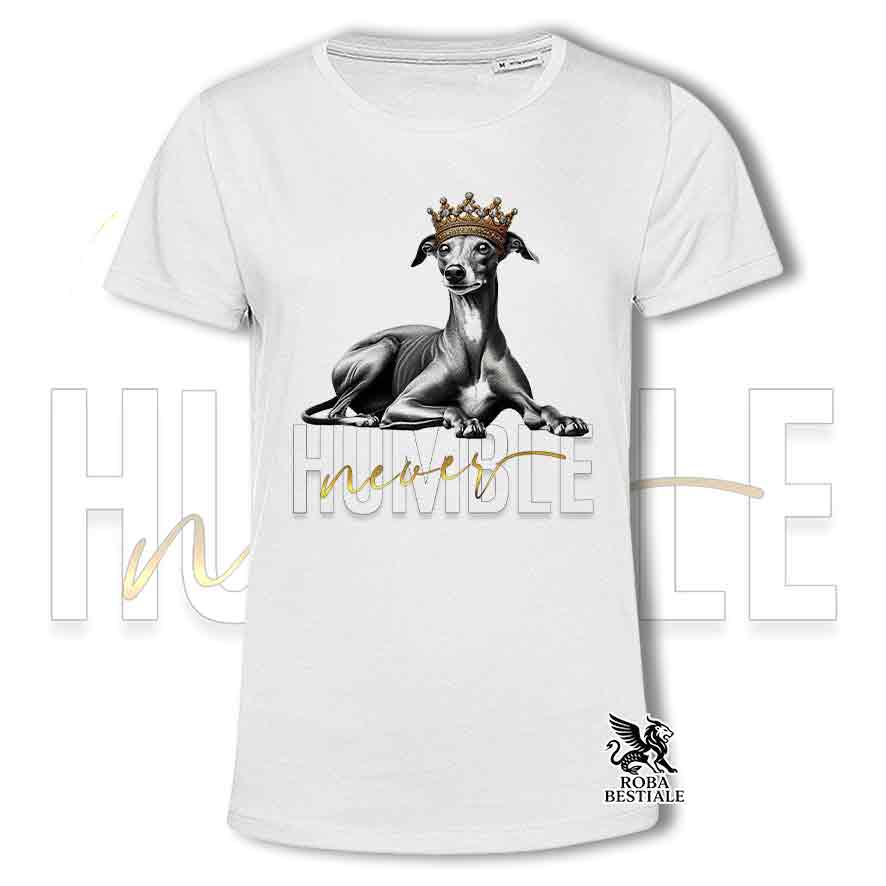 T-shirt stampata con un Piccolo Levriero Italiano, colore bianco con grafica Never Humble