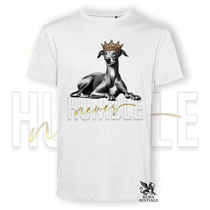 T-shirt stampata con un Piccolo Levriero Italiano, colore bianco con grafica Never Humble