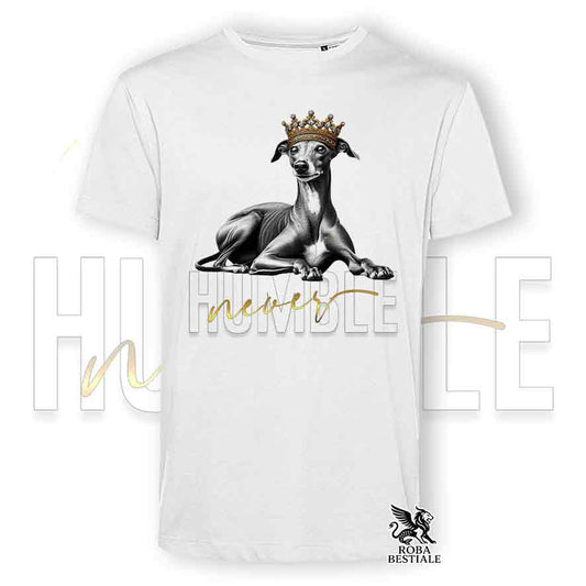T-shirt stampata con un Piccolo Levriero Italiano, colore bianco con grafica Never Humble