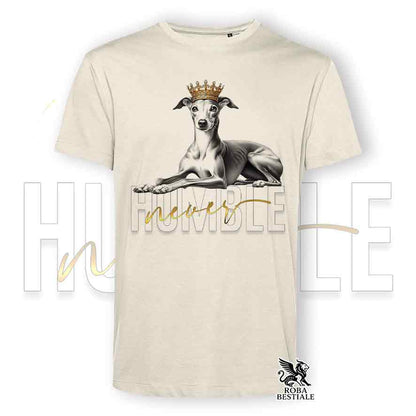 T-shirt stampata con un Piccolo Levriero Italiano, colore beige con grafica Never Humble