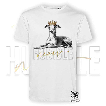 T-shirt stampata con un Piccolo Levriero Italiano, colore bianco con grafica Never Humble