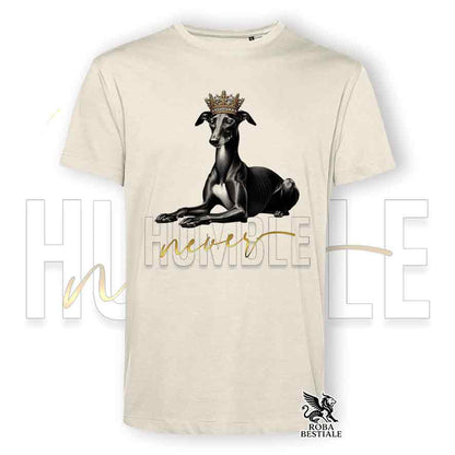 T-shirt stampata con un Piccolo Levriero Italiano nero, colore beige con grafica Never Humble